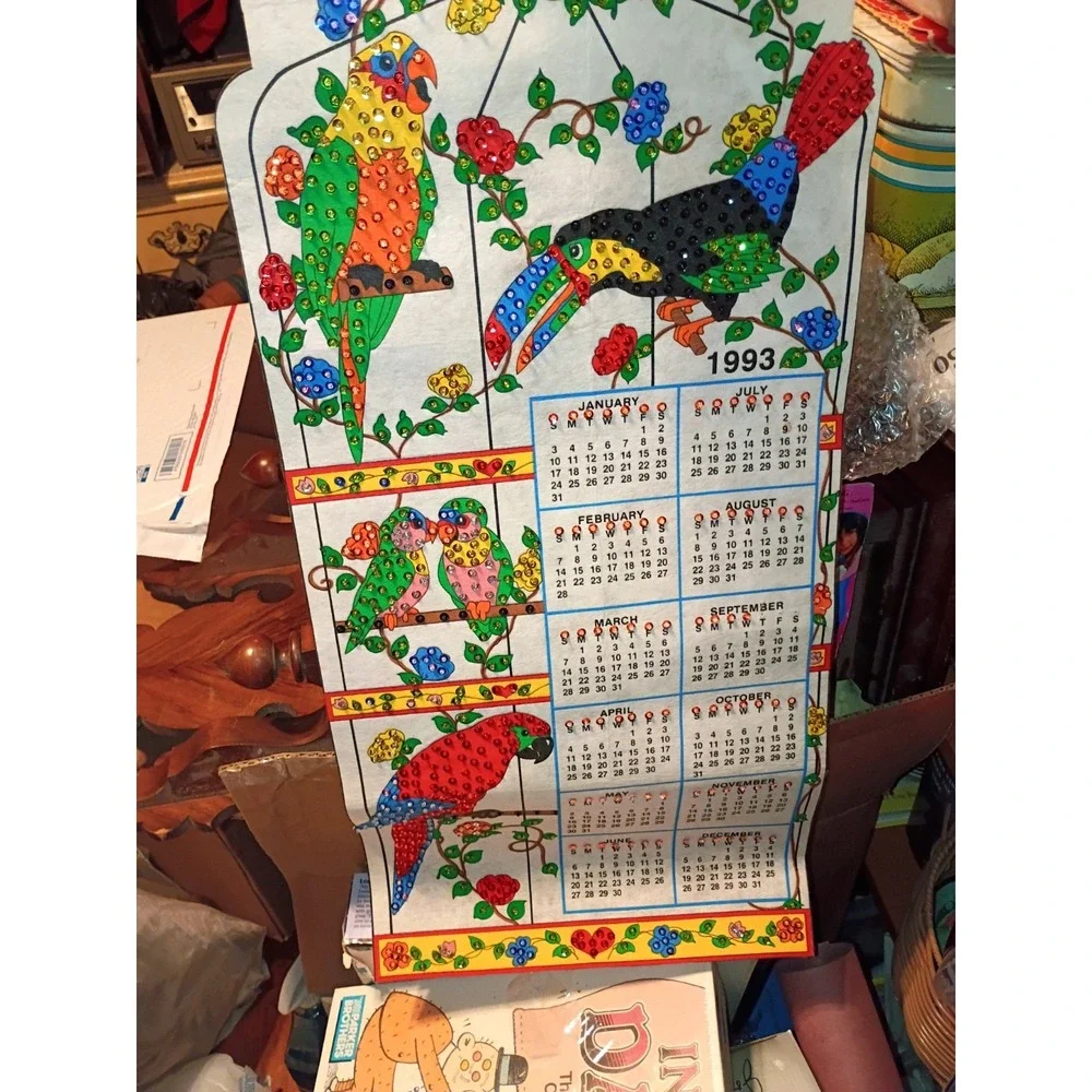 Vintage Felt Jeweled 1993 Calendar Parrots Multicolor 25